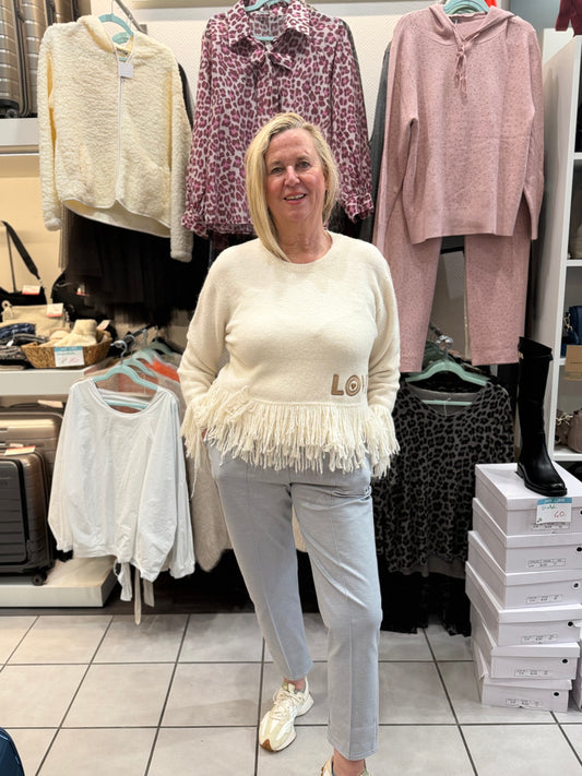 FransenPullover "Love" - Weiß